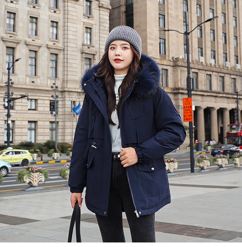 Fashionable Warm Cotton Liner Hooded Down Parkas Coat Winter Jacket Women Adjustable Waist Fur Collar Jacket Parka 2020 New
