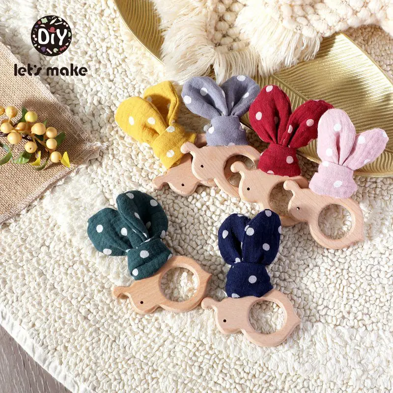 Let's Make 1PC Baby Teethers Pendant BPA Free Beech Wooden Rodent Animal Cotton Bunny Ear Bee Baby Teething Toys Wood Teether