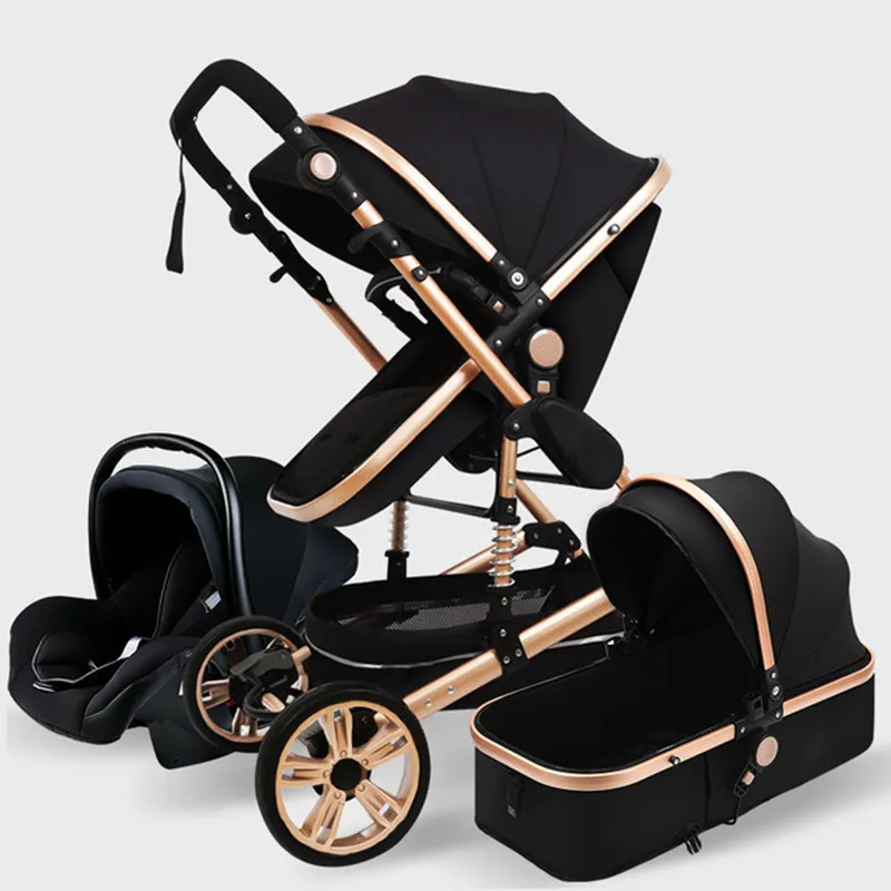 Multifunctional 3 in 1 Baby Stroller luxury Portable High Landscape 4 Wheel Stroller Folding Carriage Gold Baby Newborn Stroller