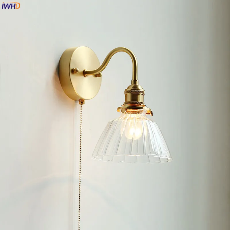 

IWHD Nordic Modern LED Wall Lamp Beside Pull Chain Switch Bedroom Bathroom Mirror Stair Light Glass Copper Wall Sconce Luminaira