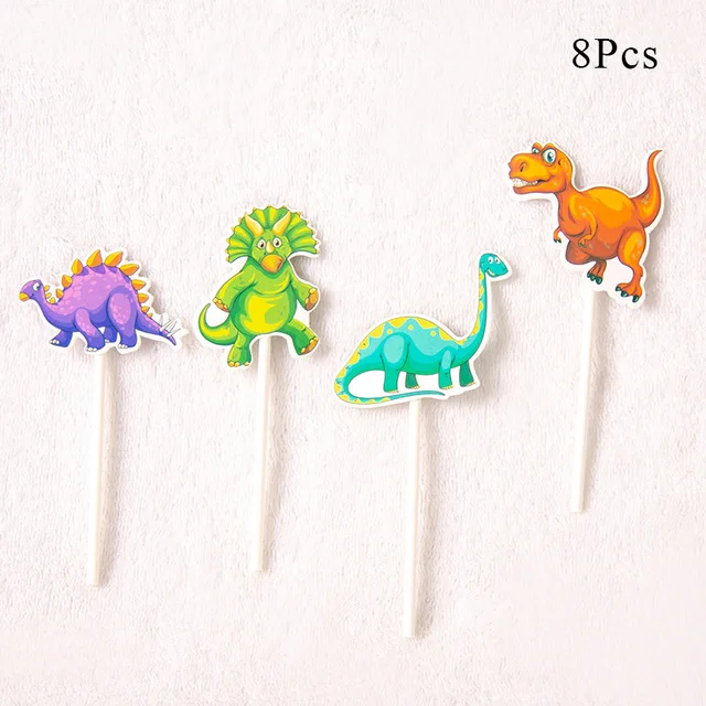 Volcano Dinosaur Theme Party Decoration Disposable Tableware Paper Cup Plate Box Banner Baby Shower Kids Birthday Party Supplies - Цвет: cake topper  8pcs