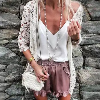 

2020 ZANZEA Lace Patchwork Cardigans Fashion Women's Blouse Female Hollow Out Kimono Cape Plus Size Tops 3/4 Sleeve White Tunic