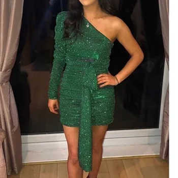 

2020 Fashion Female Winter Dress Party Vestidos Women One Shoulder Long Sleeve Sequins Green Purple Mini Bodycon Bandage Dress