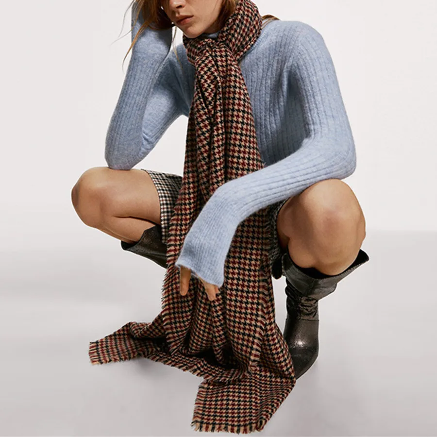 

Hodisytian Women Scarf 2020 Fashion Plaid Spring Autumn Faux Wool Cashmere Shawl Clasp Vintage Houndstooth Print Scarf Warming