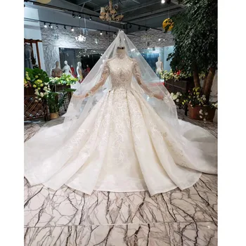شراءBGW HT42814 فساتين زفاف فاخرة كم طويل الزهور الصناعية يزين عالية الرقبة ثوب زفاف 2020 موضة Vestido De Noiva