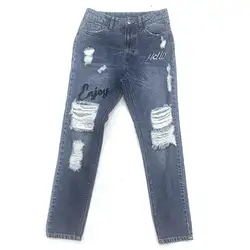 Осенне-зимние женские джинсовые Модные брюки, свободные, потертые, с вышивкой, 100% хлопок, зимние, синие женские джинсы
