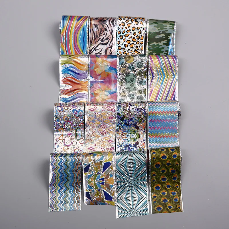 

16Pcs 4*20cm holographic Nail Foil transfer Set Decal For Nails Stickers flowers Mix Design Nail art Decoration wraps