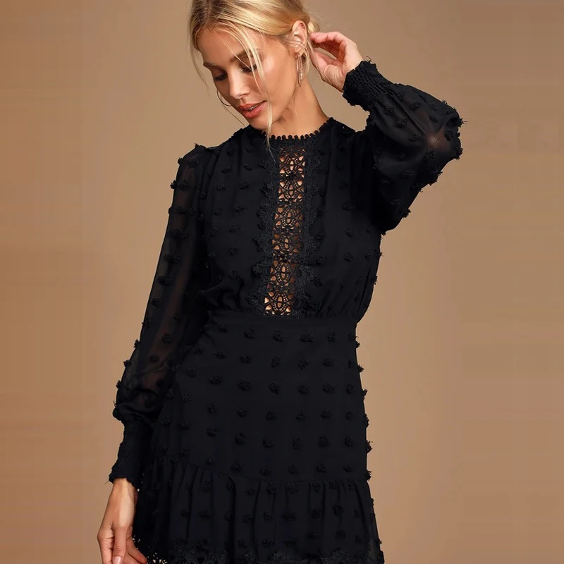 Женское платье сезон осень лето элегантное с длинным рукавом короткое черное