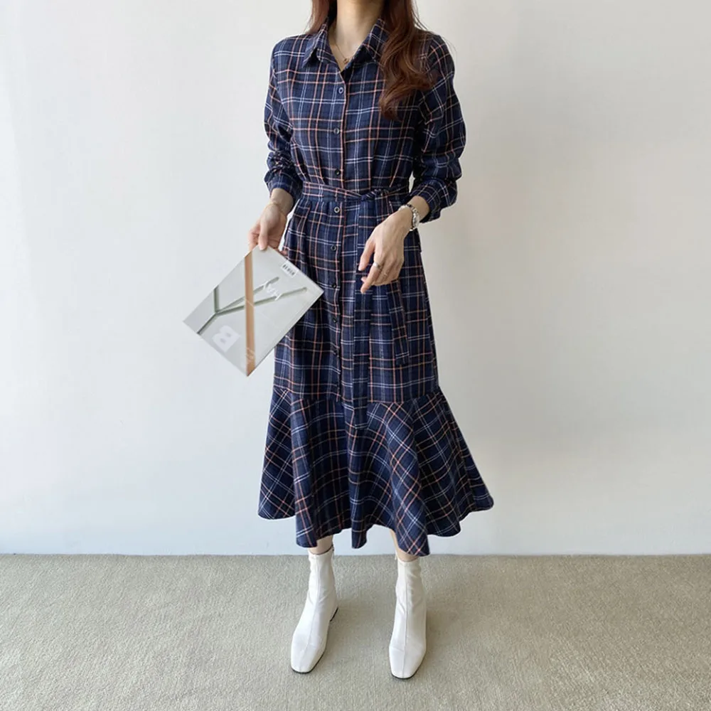 

Women Plaid Shirt Dress Long Dress Autumn Winter Lapel Neck Long Sleeve Shirt Vestido Robe Buttons Down Cotton Cozy Maxi Dress