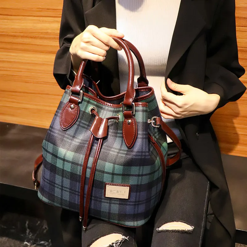 

Luxury Brand Handbags for Women Plaid Pattern Vintage Shoulder Bag Fashion Bucket Versatile Messenger Bags Genuine Leather
