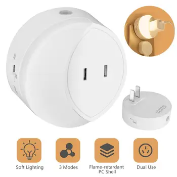 

Plug In LED Night Light With Charging Socket Light Sensor Control Bedside Lamp 3 Modes Socket Wall Lamp Living Room Bedroom 220v