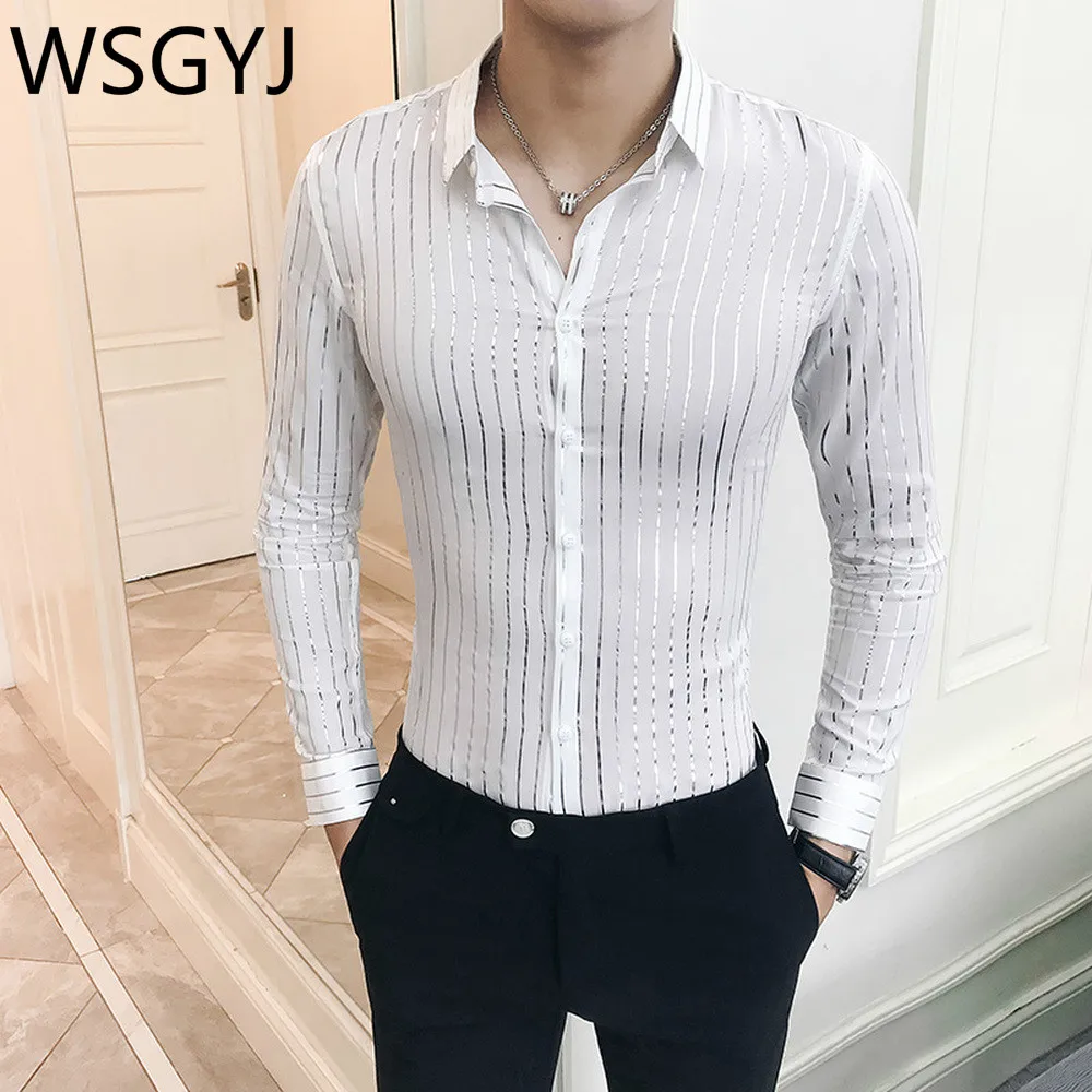 

Featured Men's Business Casual Long Sleeve Shirt Fashion Bronzing Striped Male High Quality Social Party Club Dress Shirts