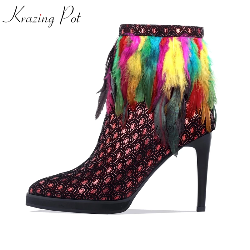 

krazing pot special sheep suede colorful fur pointed toe stiletto high heels zipper winter dance party nightclub ankle boots l85