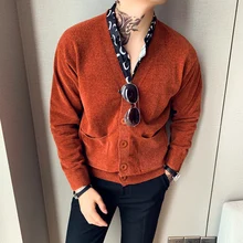 Мода Pull Homme мужской кардиган с длинными рукавами высокого качества с v-образным вырезом Мужской Повседневный свитер свободные свитера из шенили мужские