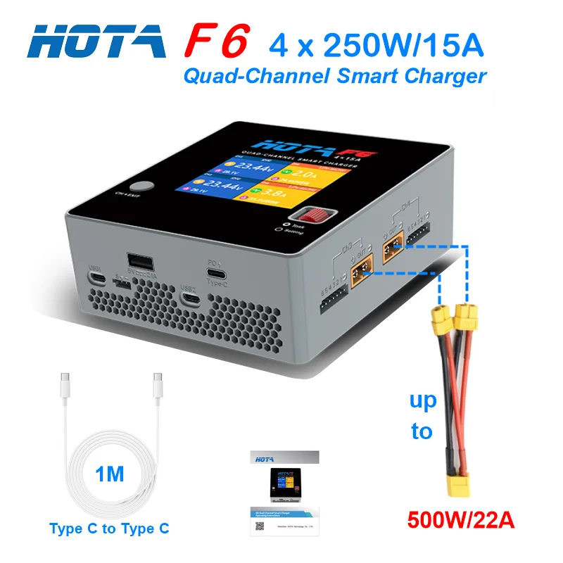 

HOTA F6 4 CHANNEL Balance Charger for Lipo LiIon NiMH Battery with Type-C for iPhone iMac Samsung Charging