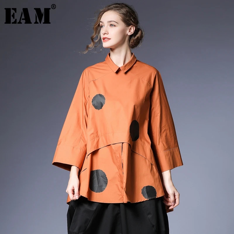 

[EAM] Women orange dot printed big szie Blouse New Lapel three-quarter Sleeve Loose Fit Shirt Fashion Spring Autumn 2019 JG936