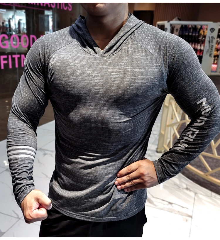 Camiseta ajustada de manga larga para hombre, deportiva ajustada, con capucha de secado informal, para gimnasio, Otoño e Invierno|Camisetas para correr| -