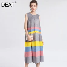 [DEAT] женское модное Трендовое милое свободное платье без рукавов с круглым вырезом большого размера, тонкое платье в полоску AI469