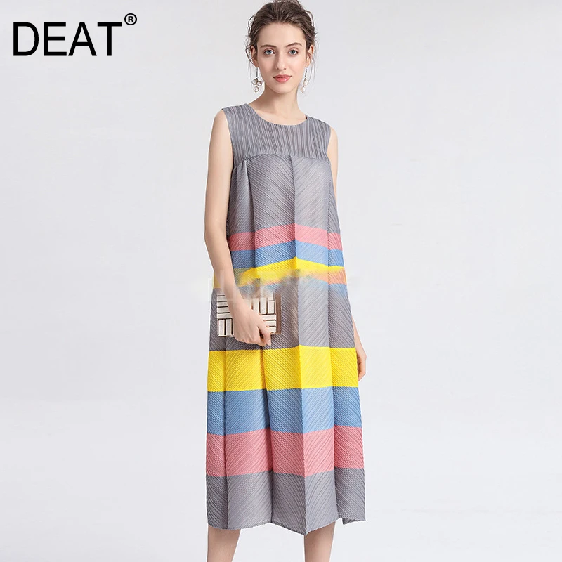 

[DEAT] 2019 Women's Fashion Trend New Pattern Sweet Sleeveless O Neck Loose Large Size Slim Stitching Striped Color Dress AI469