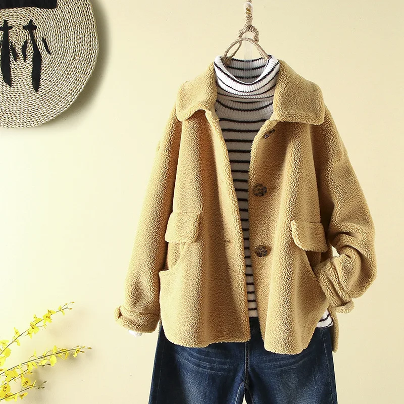 

Thick ke li rong Lambs Wool Cropped Jacket Winter Sheep Shearing Fur Fold-down Collar Long-sleeved Upper Garment Women's