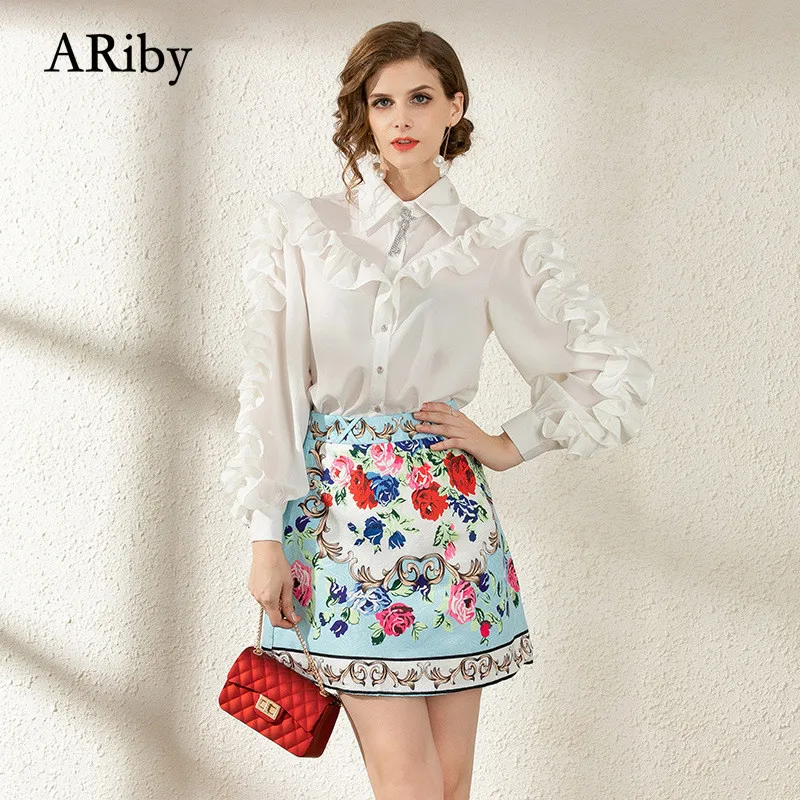 ARiby New Fashion Suit 2020 Spring Elegant Ruffles sleeve Beading White Shirts Top+Floral flower Printed Skirts Two-piece Set |