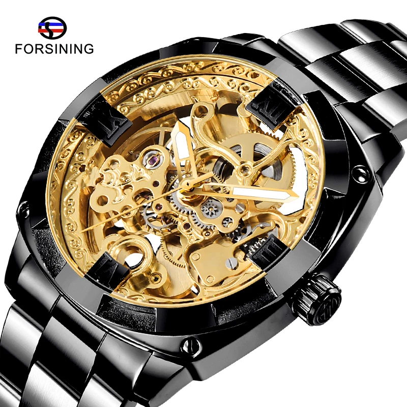 

FORSINING Mens Skeleton Automatic Mechanical Watch Transparent Self-Wind Wristwatch Luminous Hands Sport Watch