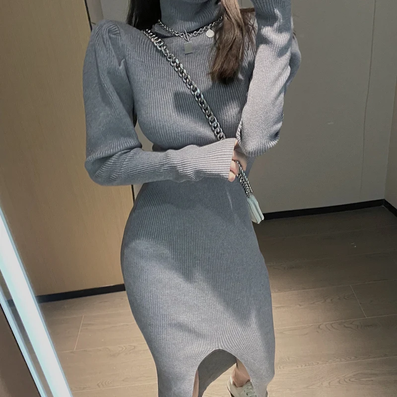 

Sutimine Knitting Bodycon Sweater Dress Turtelneck Long Puff Sleeve Long Jumper Pencil Dresses Sexy Split Slimming Waist Dress