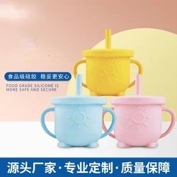 Children's silicone straw drinking cup Creative cartoon cute baby drinking cup PVC anti-fall infant training cup