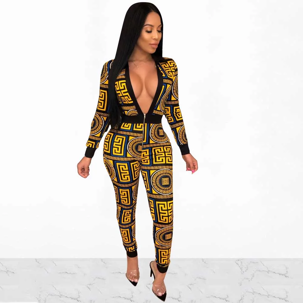 

Women Fashion Geometric Pattern Printed Zipper Up Jumpsuit Deep V-Neck Full Sleeve Bodycon Playsuit Female Party Club Overalls