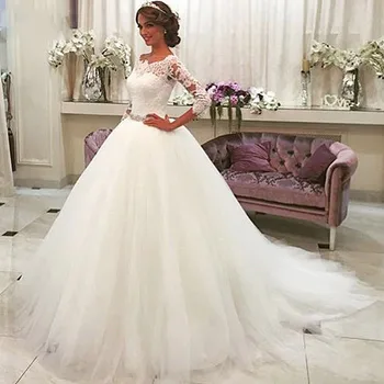 

Modest Scoop Half Sleeves Lace Top A-Line Wedding Dresses Tulle Women Princess Bridal Gowns Custom Made Long Spring