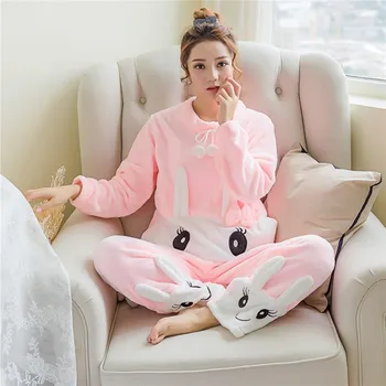 

Autumn Winter Flannel Pajama Set Women Long Sleeve Loose Pajamas Home Suit Cute Printed Thick Warm Sleepwear Homewear Clothing