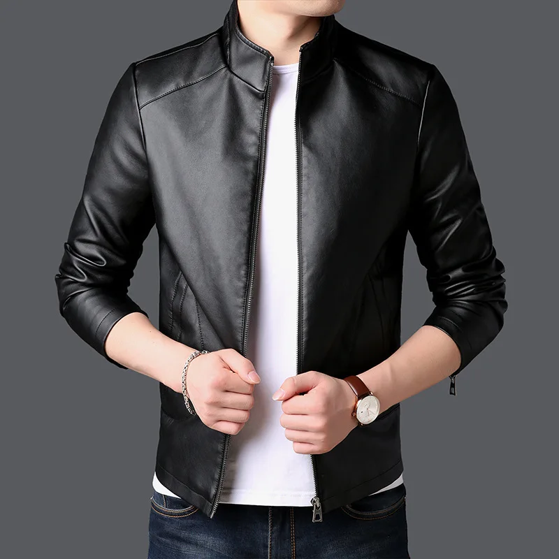 Осень и зима стиль из искусственной кожи для мужчин стенд воротник мода Slim Fit локомотивное кожаное пальто мужская куртка