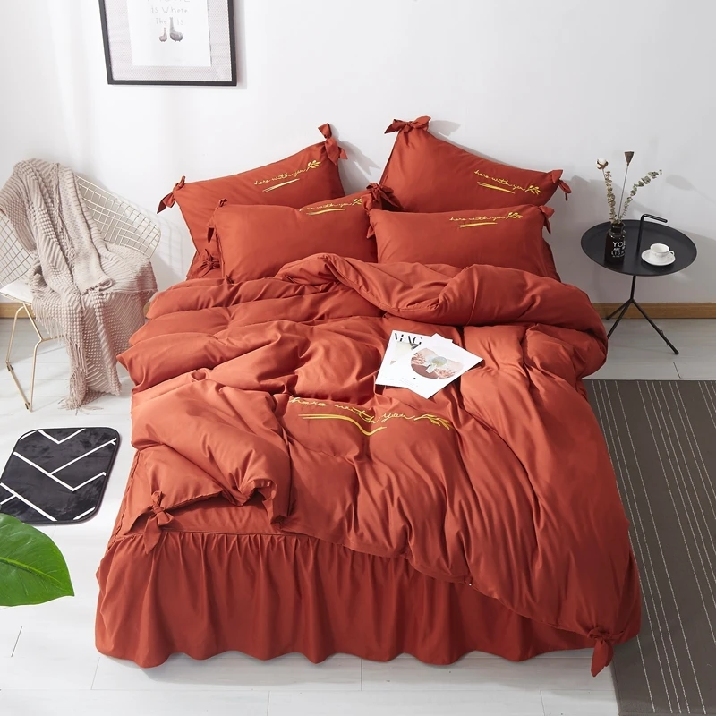 

4pcs Orange Bedding Set Embroidered Bed Skirt Solid Color Soft Flat Sheet Princess Bed Spread Bed Cover Quilt Cover Queen Size
