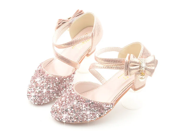 Г. Детские сандалии обувь принцессы на высоком каблуке для девочек, бантик с блесками, босоножки на высоком каблуке вечерние туфли размер 26-38