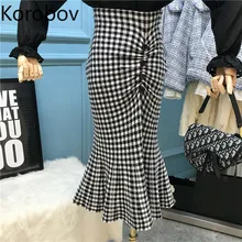 Korobov Осенняя клетчатая Женская юбка с оборками, винтажная тонкая облегающая Офисная Женская юбка, Корейская пуговица, морщинка, Faldas Mujer 79243