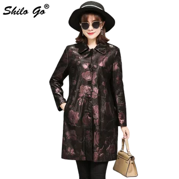 

8XL Plus Size Genuine Leather Coat Highstreet Peter Pan Collar Foral Printed Pocket Sheepskin Long Coat Women Casual Outwear