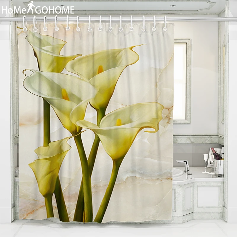 

Lily Flower Printed 3d Bath Curtains Waterproof Polyester Fabric Washable Bathroom Shower Curtain Screen with Hooks Accessories