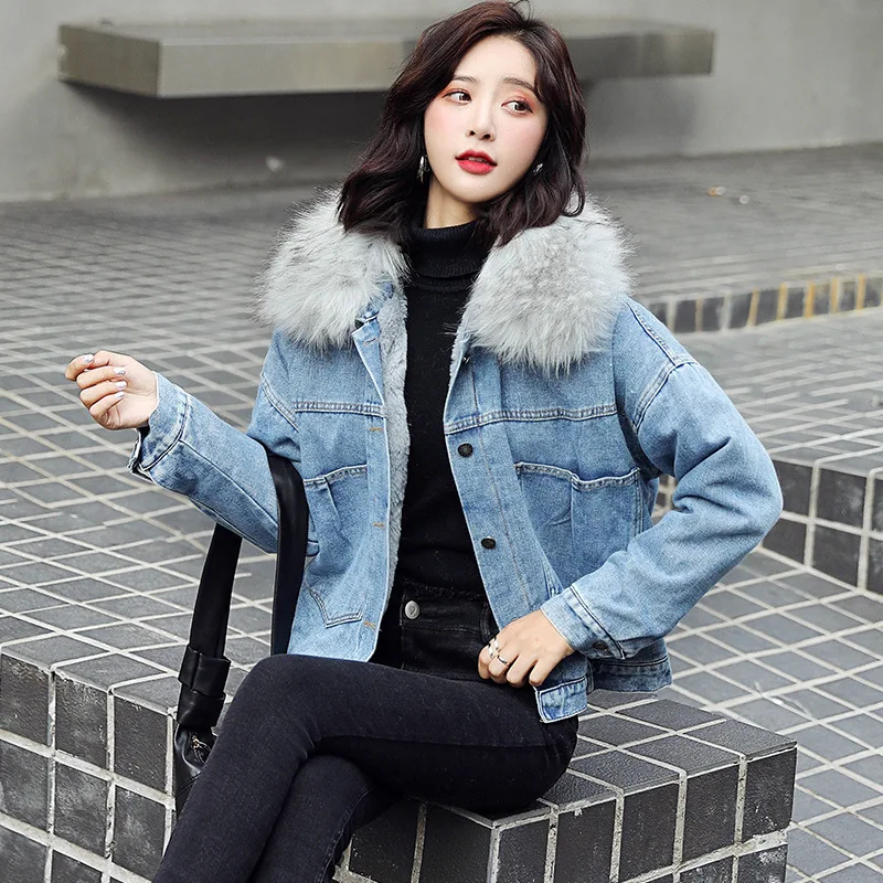 

Plus Velvet Jeans Coat Women's Short Winter Fashion Korean-style Short-height Large Fur Collar CHIC Students Loose-Fit Jacket
