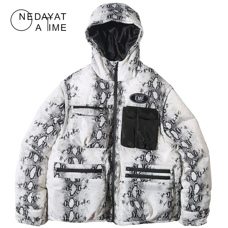 

Winter Thick Warm Hooded Jacket Parka Multi Zipper Pockets Snake Python Skin Print Jacket Parka Men Windbreaker Streetwear Coats