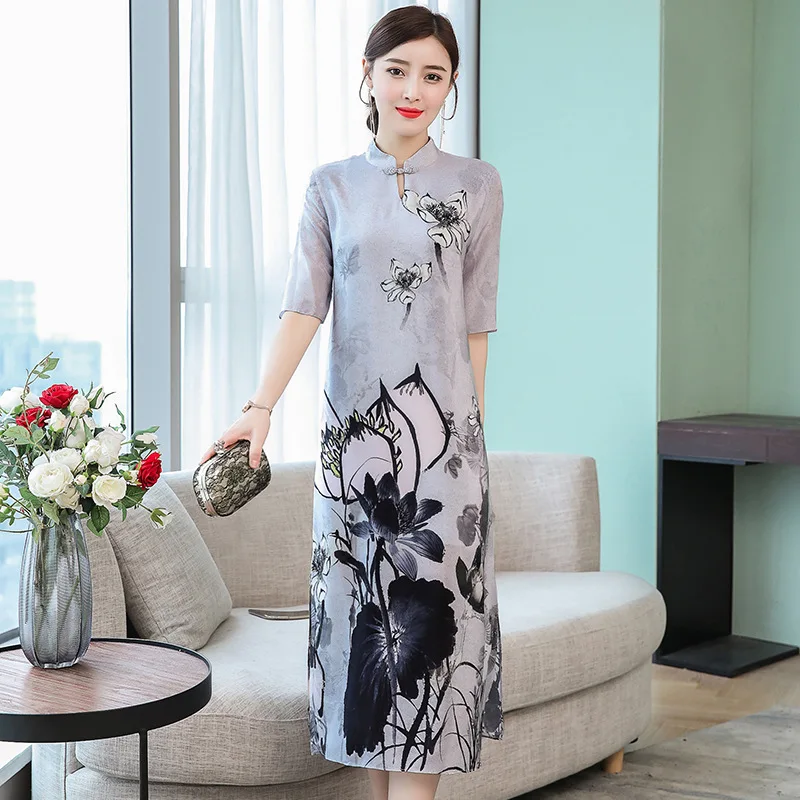 

Chinese-style Retro WOMEN'S Dress High-End Elegant Loose And Plus-sized Lotus Printed Mid-length Mulberry Silk Silk Dress