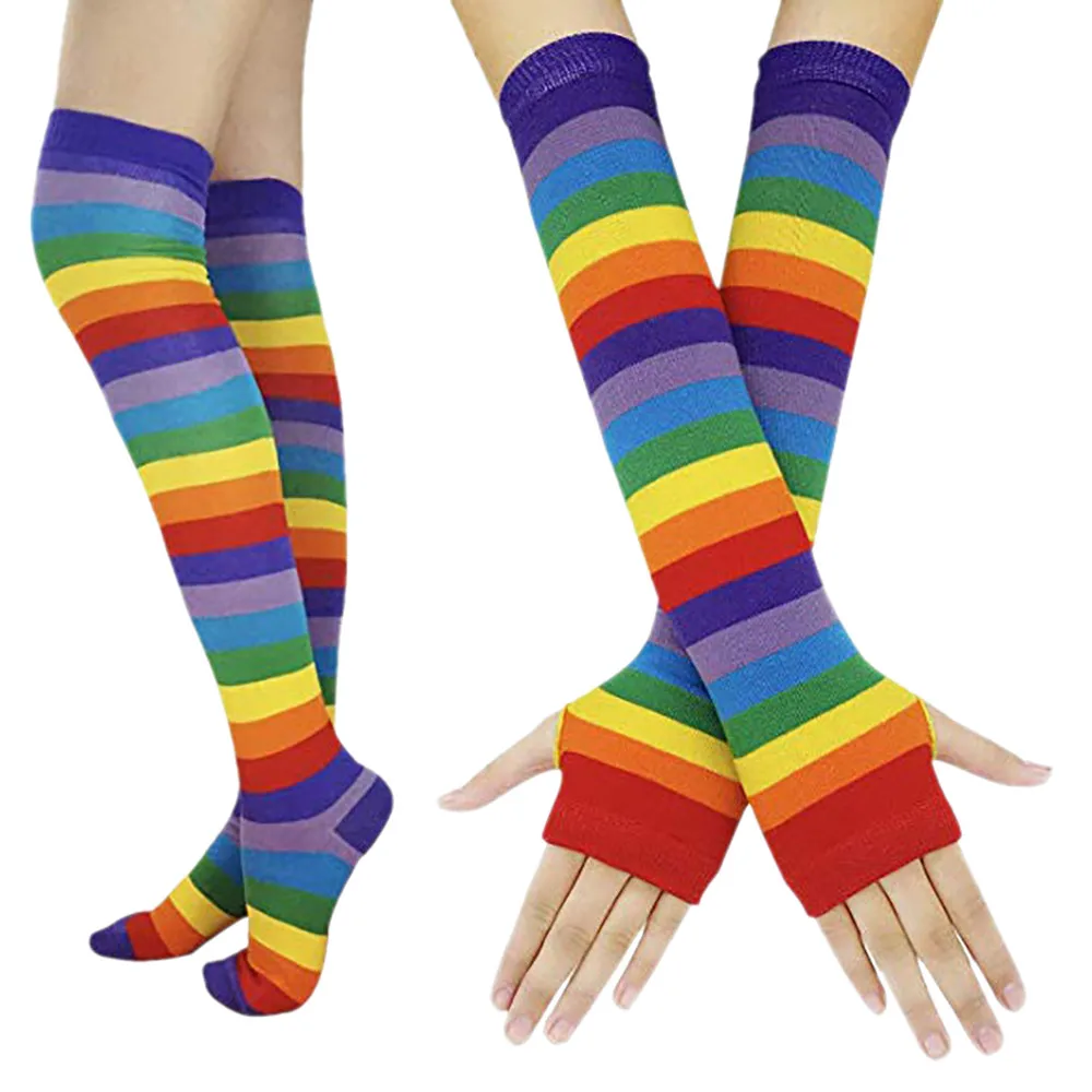 Multicolor B Радужные женские перчатки без пальцев в разноцветную полоску, Длинные теплые перчатки+ набор чулок Handschuhe Guantes Invierno, женские перчатки - Цвет: Multicolor B