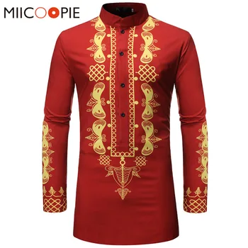 

Luxury National Style Print Shirt Men Mandarin Collar Long Sleeve Mens Dress Shirts Streetwear Hip Hop African Camisa Masculina