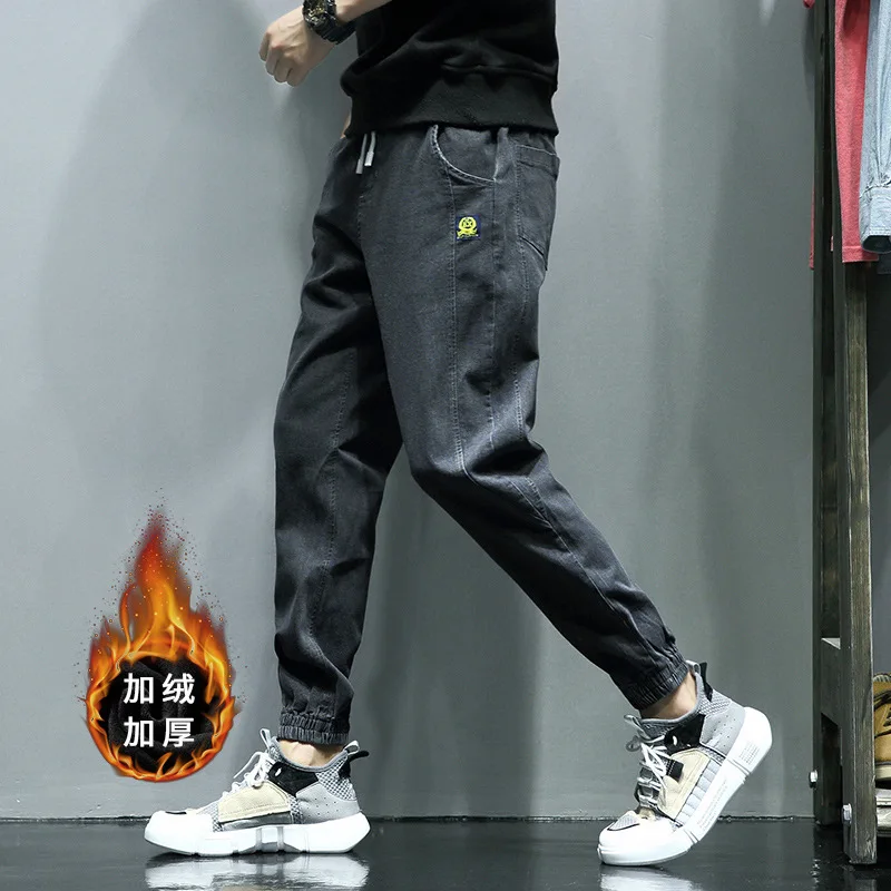 

New Style Japanese-style Winter Loose And Plus-sized Lard-bucket Brushed And Thick Jeans MEN'S Casual Pants Bib Overall Trousers