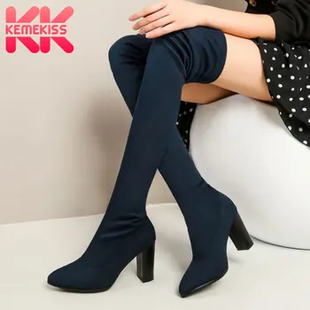 

KemeKiss Women Over Knee Boots Fashion Warm High Heel Winter Shoes Woman Stretch Boot Sexy Leopard Party Footwear Size 32-43