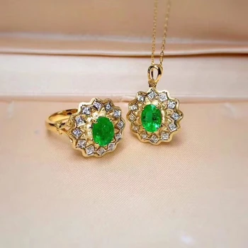 

ancient surround Sun flower Natural green emerald Ring Necklace Natural Gemstone Jewelry Set 925 Silver Women party gift jewelry