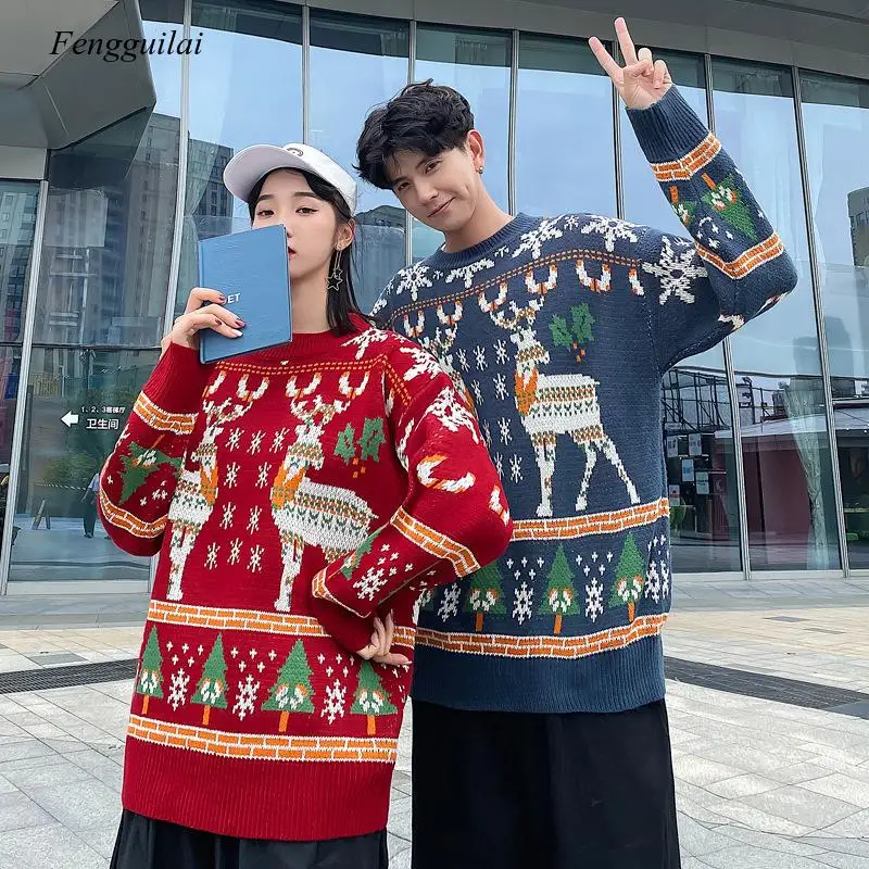 

Couple's New Winter Korean Christmas New Year Sweater Long Sleeve Pullover Deer