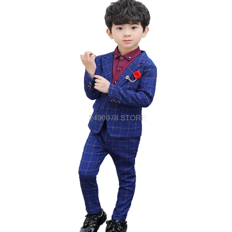 

Flower Boys Plaid Wedding Suit Kids Jacket Pants 2Pcs Clothing Set Children Piano Show Performance Party Dress Costume