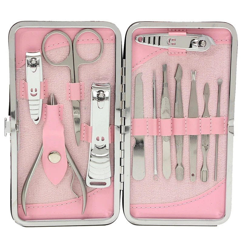 HTHL-12Pcs Набор для маникюра и педикюра ногтей кусачки для кутикулы очиститель Уход за лошадьми комплект чехол инструмент розовый
