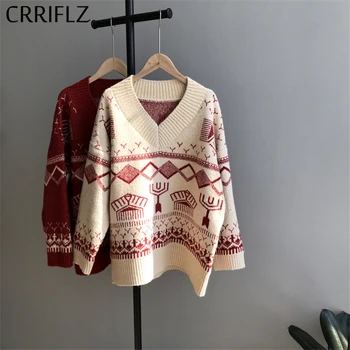 

CRRIFLZ 2020 New Christmas Print Knitted Sweater Women Winter O Neck Warm Vingate Sweater Top