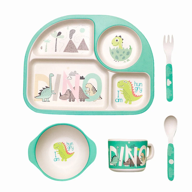 

5Pcs/Set Baby Tableware Bamboo Fiber Safety Kids Dinner Plate + Bowl + Cup + Spoon + Fork Cute Cartoon Children Feeding Utensils